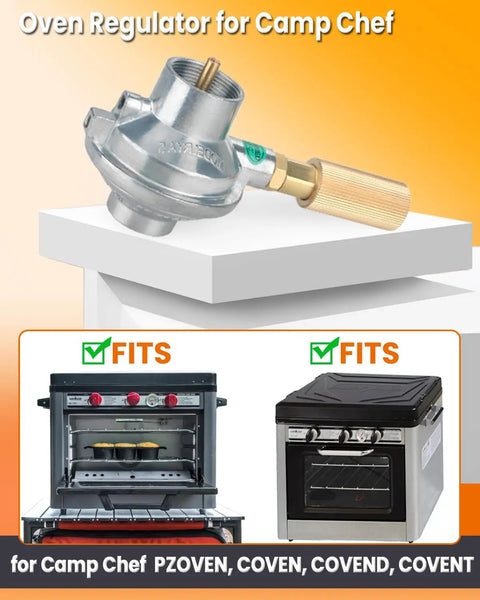 Oven Regulator Replacement For Deluxe Outdoor Oven And Italia Artisan Pizza Oven, Pro Grade And Compatible With PZOVEN, COVEN, COVEND, COVENT 2-Burner Stove And Adapter SPG25-17 displayed on a stand.