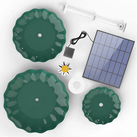 Solar Powered 3.5W Fountain Pump With 3 Tier Bird Bath DIY Water Feature components including solar panel and green dishes