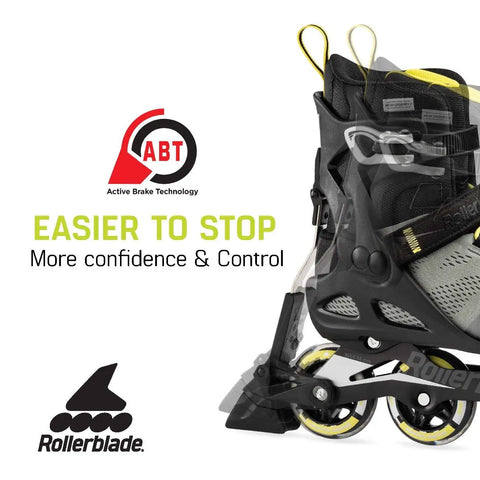 Close-up of ABT braking tech on Macroblade 80 ABT Men's Inline Skates for Fitness and Training, Silver and Neon Yellow.