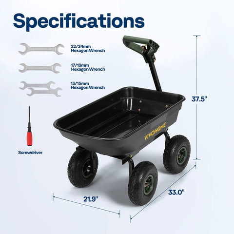 Heavy Duty Garden Cart With 4 Cu Ft Dump Wagon And 660 Lb Capacity, 2 In 1 Convertible Handle For ATV Or Tractor, shown with tools