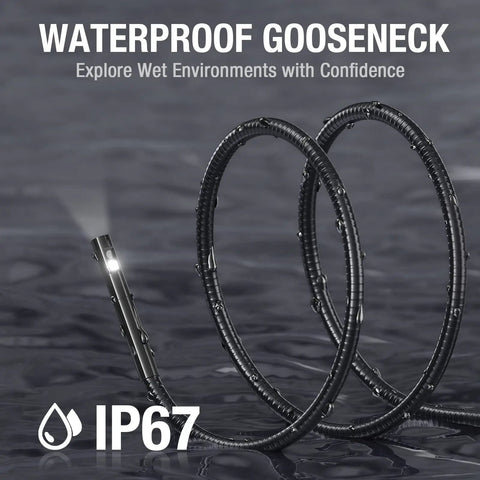 Dual Lens Endoscope With 5 Inch Monitor And Front And Side View Borescope Camera Waterproof 9.8 Ft Probe 5 Inch IPS LCD Screen And Case The Go To Tool For Auto Maintenance Home Inspections Electrical Work And DIY. IP67 waterproof gooseneck probe in water