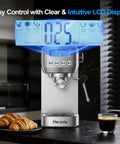 Total Game Changer 20 Bar Espresso Maker With Sleek LCD Display And Bulletproof Milk Frother showing intuitive display and coffee.