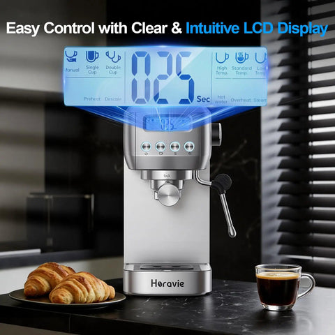 Total Game Changer 20 Bar Espresso Maker With Sleek LCD Display And Bulletproof Milk Frother showing intuitive display and coffee.