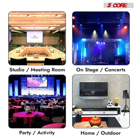 Studio, stage, party, and home audio setups with Heavy Duty Adjustable Speaker Stands Pair, 54 Inch Tripod Bases visible.