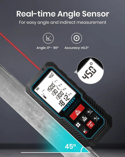 Laser Measurement Tool With 229 Feet Range And Digital Angle Level displaying 45° on screen with real-time angle sensor.