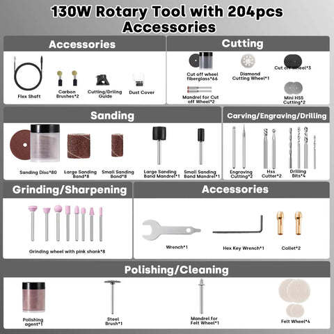 Beast 130W Corded Rotary Tool Kit With 204 Piece Accessory Set display; includes cutting, sanding, engraving, and polishing tools