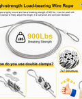 Heavy Duty Shade Sail Hardware Kit with 304 stainless steel wire rope showing 900 lbs strength for outdoor use.