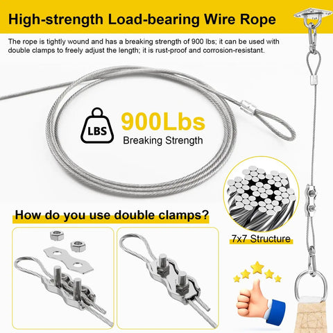 Heavy Duty Shade Sail Hardware Kit with 304 stainless steel wire rope showing 900 lbs strength for outdoor use.