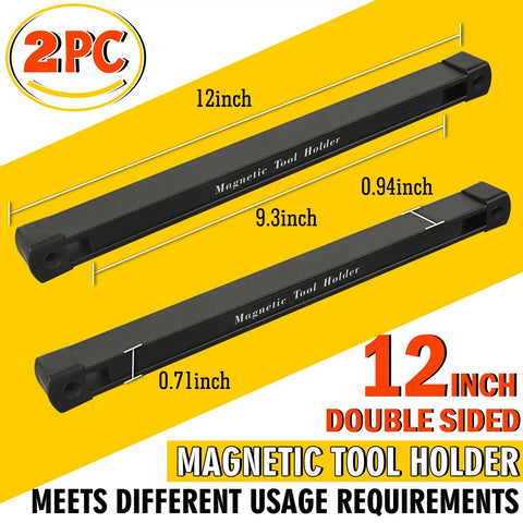 Double Sided Magnetic Tool Holder 12 Inch Magnetic Tool Bar Heavy Duty Wall Mount Strip Two Pack shown with dimensions
