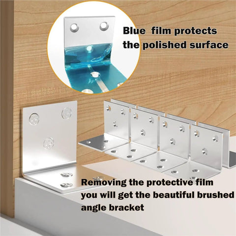 40 Pack Stainless Steel L Brackets 2 Inch Corner Braces Heavy Duty Shelf Supports Rust Proof Angle Braces For Wood Furniture Drywall Anchors Smooth Silver Finish Built Like A Tank With Zero Hassle Setup with blue protective film.
