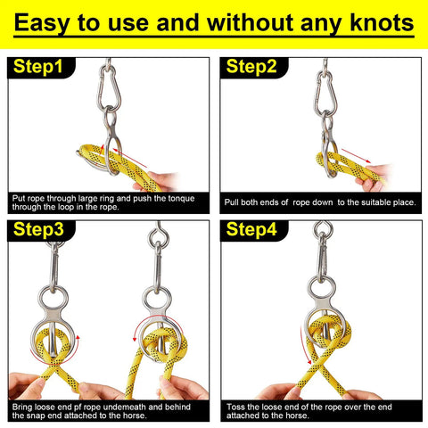 Four-step setup guide for Two Sets Horse Tie Ring And Training Gear Pack With Quick Snaps, Eye Bolts, And Tie Rings Six Piece Safe Durable Horse Tack For Training Handling And Stable Use