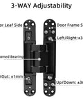 Hidden Door Hinges 2-Pack 7 Inch Black Heavy Duty Concealed Zinc Alloy Invisible Hinges With 180 Degree Swing 3-Way Adjustable Butt Hinge For Flush Doors Built Tough Easy Install Smooth Quiet Operation shown with 3-way adjustability.