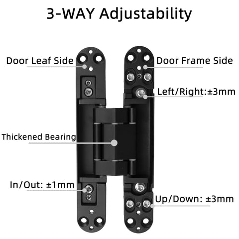 Hidden Door Hinges 2-Pack 7 Inch Black Heavy Duty Concealed Zinc Alloy Invisible Hinges With 180 Degree Swing 3-Way Adjustable Butt Hinge For Flush Doors Built Tough Easy Install Smooth Quiet Operation shown with 3-way adjustability.