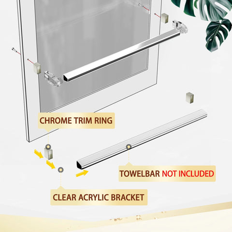 Clear Acrylic Shower Door Towel Bar Brackets For Framed Sliding Glass Doors Replacement For Basco And Alumax Towel Rods Nickel Finish Easy Install Durable Replacement Parts For Basco And Alumax Shower Door Hardware showing clear acrylic brackets and chrome trim ring.