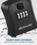 Close-up of a black 4 Digit Combo Key Safe Box Outdoor Waterproof Wall Mount Lock Box showing dials and brand logo on textured surface.