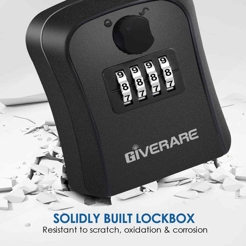 Close-up of a black 4 Digit Combo Key Safe Box Outdoor Waterproof Wall Mount Lock Box showing dials and brand logo on textured surface.