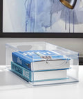 No Sweat Big League Heavy Duty Clear Stackable Extra Long Plastic Storage Bin For Nifty Pantry Setup and Smooth Cabinet Shelving, holding books.