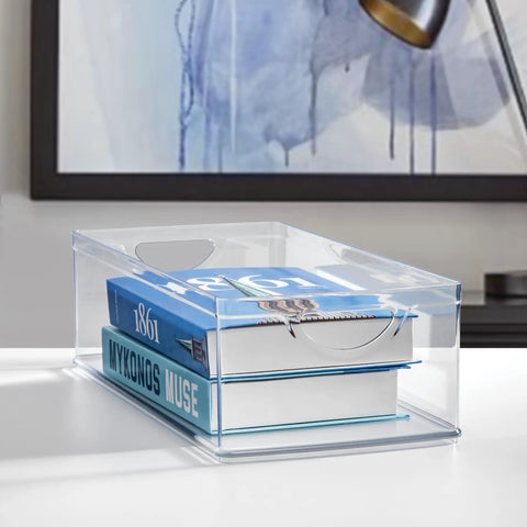 No Sweat Big League Heavy Duty Clear Stackable Extra Long Plastic Storage Bin For Nifty Pantry Setup and Smooth Cabinet Shelving, holding books.