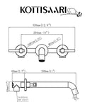 Technical drawing of Wall Mount Tub Filler With Two Handles Bathtub Faucet, Extra Long 11 Inch Spout Reach, dimensions included.