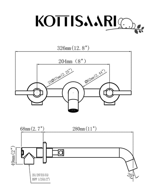 Technical drawing of Wall Mount Tub Filler With Two Handles Bathtub Faucet, Extra Long 11 Inch Spout Reach, dimensions included.