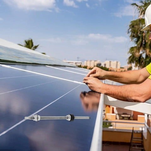 Supercharged Stainless Steel Solar Panel Hanger Bolts For Roof Mounting installed on solar panels with a worker adjusting them.