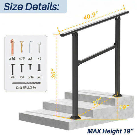 Heavy Duty 3 Step Outdoor Handrail 2 Pack Adjustable Metal Stair Railing Weather Tough Grippy Base custom dimensions on stairs.