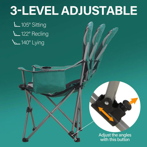 Two Pack Oversized Camping Chair Set With 3 Level Adjustable Back ergonomic design showing adjustable recline angles and button