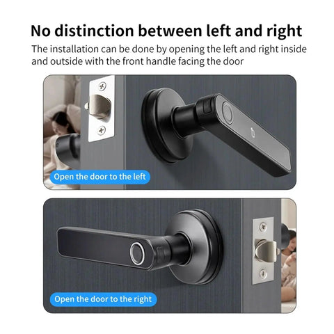 Smooth Operator Fingerprint Door Lock Handle Deadbolt With App Control Digital Password And Ic Card Access For Total Home Security Glow Up Quick Install Keyless Entry System, showing installation for left and right door opening.