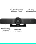 4K Video Conference Camera Rig With Three Built In Mics And 120 Degree Lens For Small Meeting Rooms Smooth Plug And Play Design Delivers Killer Clarity And Room Ready Audio Visual Gear Always On Call Black front view with speaker system and mic array.