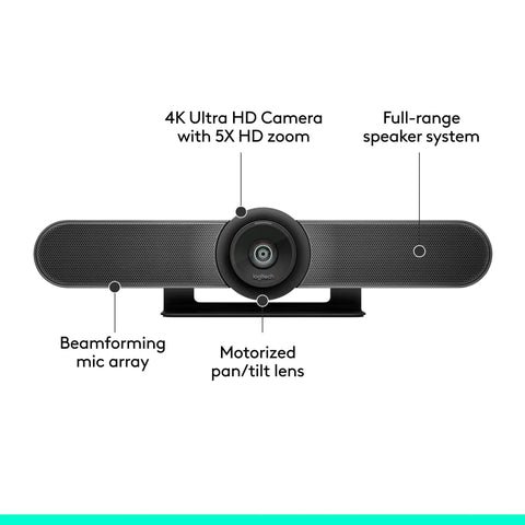 4K Video Conference Camera Rig With Three Built In Mics And 120 Degree Lens For Small Meeting Rooms Smooth Plug And Play Design Delivers Killer Clarity And Room Ready Audio Visual Gear Always On Call Black front view with speaker system and mic array.