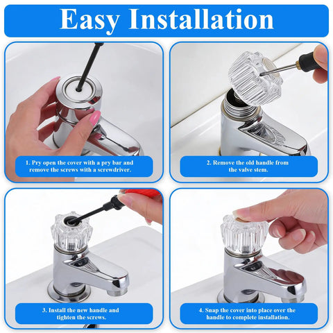 Easy installation of Clear Acrylic Faucet Handles Replacement Kit for D Shaped Two Handle Faucets 2 Pack with screws and index buttons.