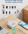 US To Europe Travel Plug Adapter With Three US Outlets And Four USB Ports, Three Foot European Power Cord, plugged on desk