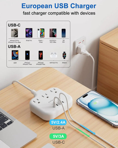 US To Europe Travel Plug Adapter With Three US Outlets And Four USB Ports, Three Foot European Power Cord, plugged on desk