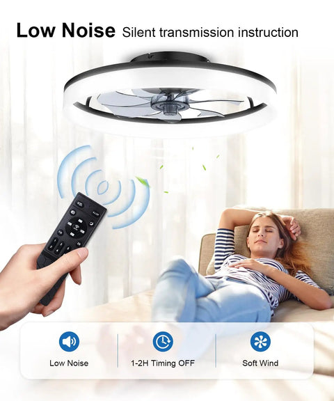 Smooth Ride 20 Inch Low Profile Ceiling Fan With Stepless Dimmable Led Light And Smart App Remote, Quiet Six Speed Reversible Motor In Matte Black, low noise operation with remote control.