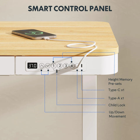 Close-up of smart control panel on electric height adjustable standing desk with USB, 48 inch maple top white frame.