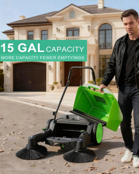 Heavy Duty 43 Inch Walk Behind Floor Sweeper Manual Push Broom for Warehouse and Shop Floors With A Beefy 15 Gallon Hopper.