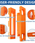 User-friendly Hidden Hinge Mortiser Template for 6 Inch Concealed Doors, showing orange dual-layer design and side panels.