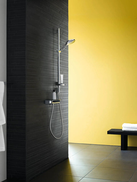 Unica Wallbar S 24 Inch Shower Slide Bar with Adjustable Handheld Shower Holder in Chrome, kink-resistant hose in modern bathroom.