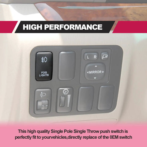 Interior view showing LED Fog Light Symbol Push Button Switch with white backlit installed on Toyota Tacoma dashboard panel.