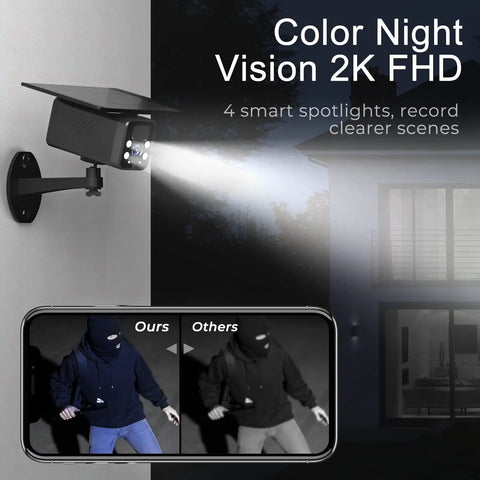 Solar Powered Wireless Security Camera With 2K Color Night Vision, highlighting spotlight, outdoor view, and comparison screen.