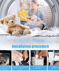 Premium Washer Drain Pump Assembly Plug And Play Replacement Motor installation items with teddy bear and laundry in washer.