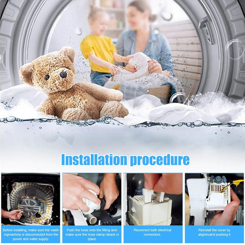 Premium Washer Drain Pump Assembly Plug And Play Replacement Motor installation items with teddy bear and laundry in washer.