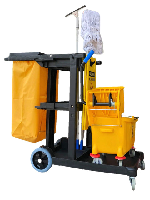 Workhorse Janitorial Cart On Wheels With Three Shelves Raised Edges For Tools And Side Hooks For Mops And Brooms 25 Gallon Bag With Lid And 66 Lb Capacity 330 Lb Load Stable Smooth Movement Built For Real Busy Cleanups