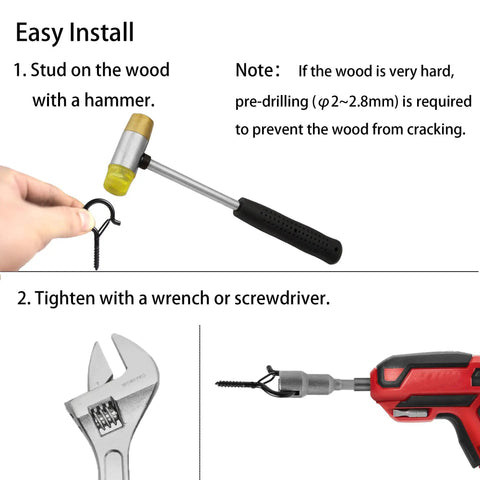 Sturdy Screw Hooks For Outdoor String Lights And Plant Or Wind Chime Hangers With Windproof Safety Buckle Rustproof Steel Build 2.2 Inch Long 8 Pack For Easy Install And Weather Ready installation guide with hammer and screwdriver.