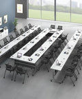 Game Changer Folding Mobile Conference Table With Privacy Panel And Heavy Duty Locking Casters Flexible Workstation Setup For Home Office Or Classroom Use In Packs Of Four Tables arranged for meetings with laptops.