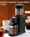Wancle Electric Conical Burr Coffee Grinder With 25 Adjustable Grind Settings For Espresso Drip And French Press, showing 80g bean capacity.
