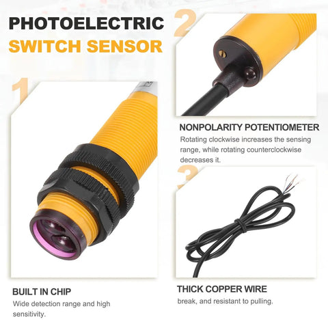 Industrial Diffuse Reflection Photoelectric Sensor M18, close-up showing features, detects objects from 7 to 30 cm, includes wiring.
