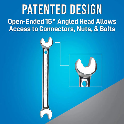 Angled Head Double Ended Speed Wrench 7/16 Inch With Patented 15 Degree Offset Open End For Quick Access To Nuts And Bolts Belt Loop Ready