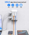 Heavy Duty 6 Outlet Splitter Surge Protector With 4 Usb Ports And Dual Type C Plug And Play Wall Expander Power Strip mounted on wall.