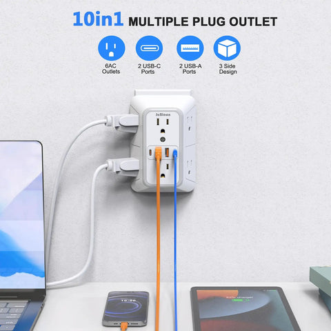 Heavy Duty 6 Outlet Splitter Surge Protector With 4 Usb Ports And Dual Type C Plug And Play Wall Expander Power Strip mounted on wall.